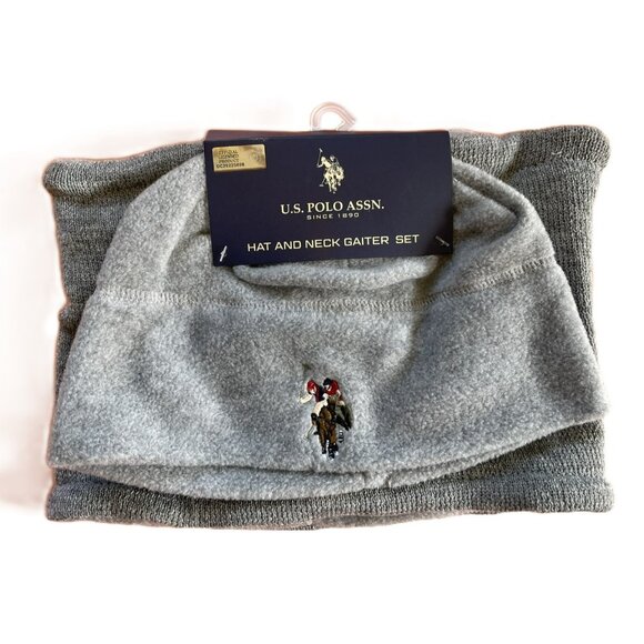 US Polo Assn Heather Gray Unisex Fleece Hat and Neck Gaiter 2 Pc Set NEW M304 - Picture 1 of 3